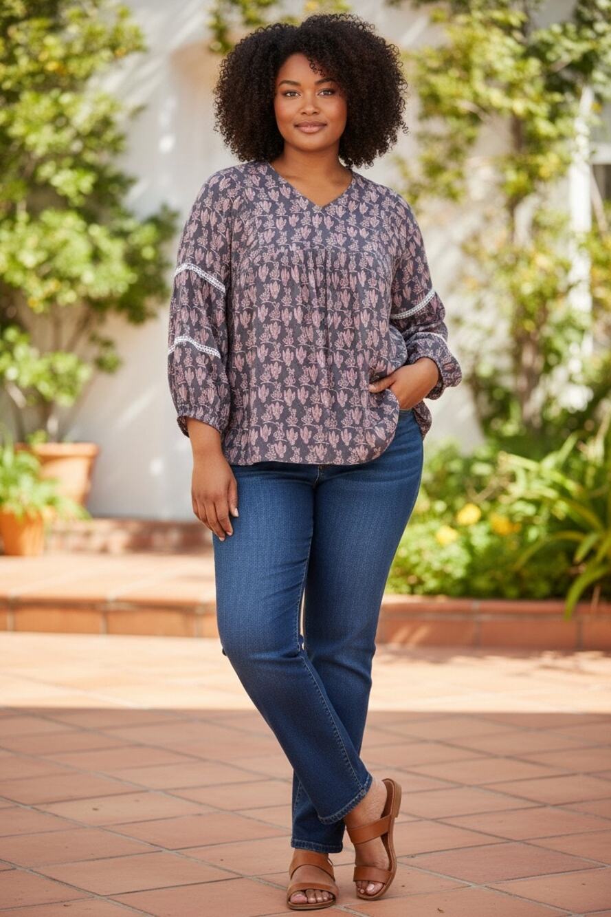 Ulla Popken Womens Cactus Print 3/4 Sleeve Blouse Plus Size 28/30 4X NEW